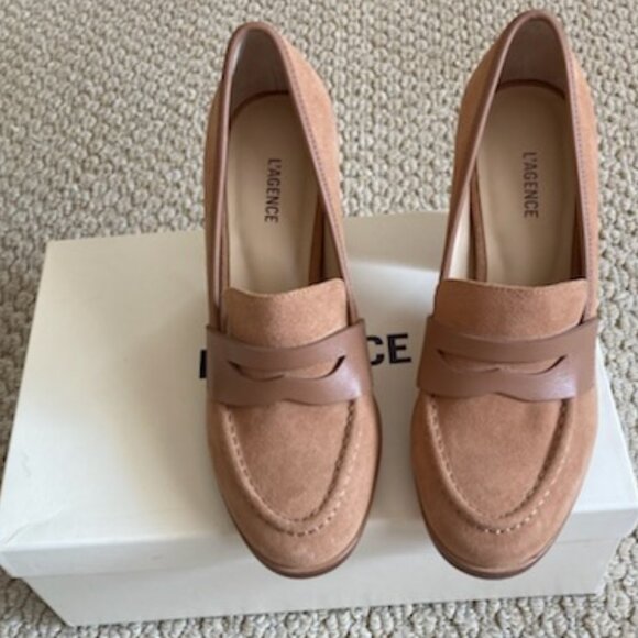 L'AGENCE Blanche Heeled Sand Suede Loafer - Picture 1 of 13